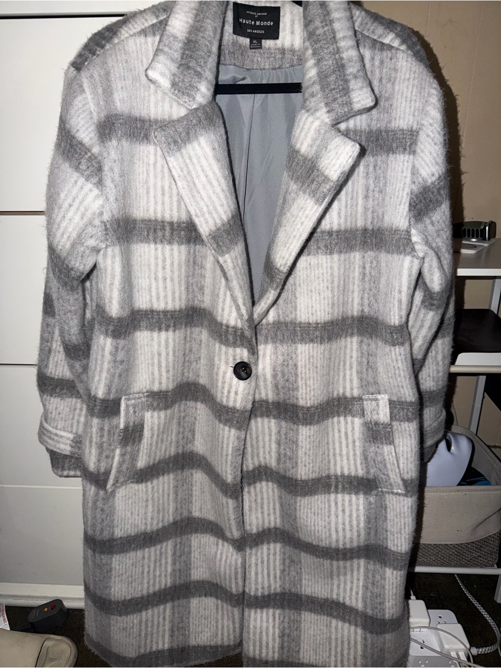 Haute Monde Gray & White Striped Single-Button Trench Coat